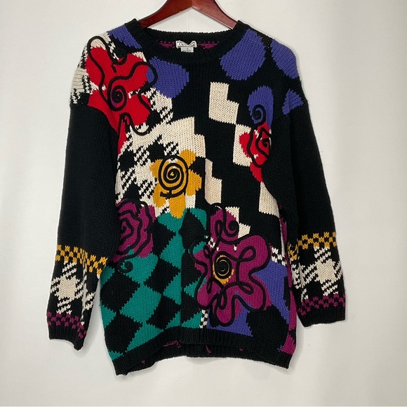 Christina Vintage Multi-Color Unique Designs Diamond Pattern Back Knit Sweater S - Picture 3 of 15